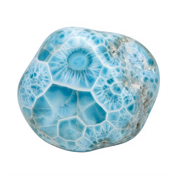 Polished blue pectolite gemstone specimen isolated on transparent background with web patterns isolated