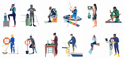 Collection of people in wetsuits participating in various water activities including scuba diving, snorkeling, spearfishing, and kite surfing on a white background. © Loro