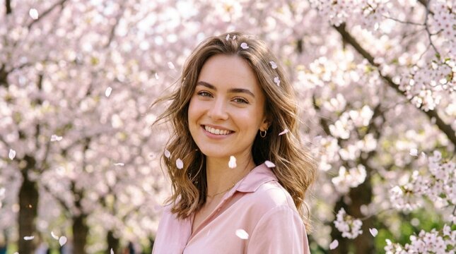 Beautiful Smiling Woman in Cherry Blossom Garden