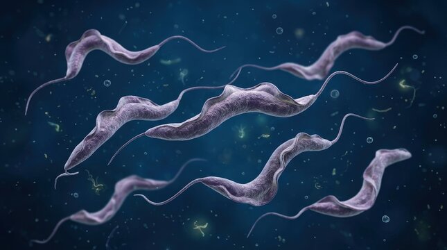3d illustration of trypanosoma brucei parasites, the cause of sleeping sickness