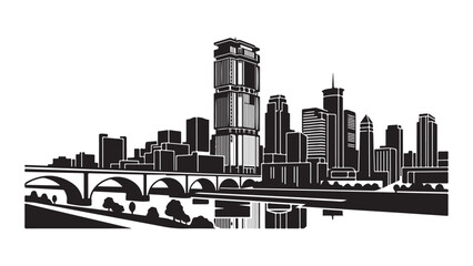 Obraz premium Black and white vector silhouette of a modern city skyline with a bridge and tall buildings, representing urban development and architecture.