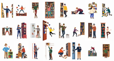 Diverse set of character illustrations portraying detectives and investigators searching for hidden secrets and clues inside library bookshelves. © Enem