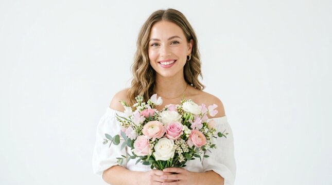 Smiling Woman Holding Beautiful Flower Bouquet