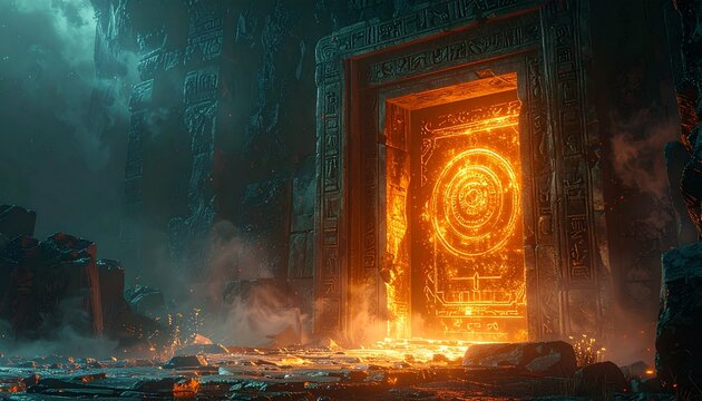 Mysterious Ancient Portal Glowing with Intense Orange Energy in a Ruined Environment.