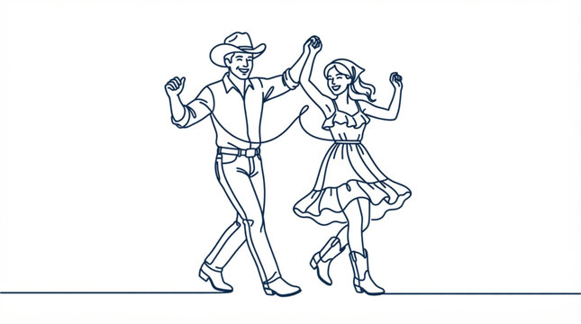 Single line art drawing vector of country couple line dancing at music festival