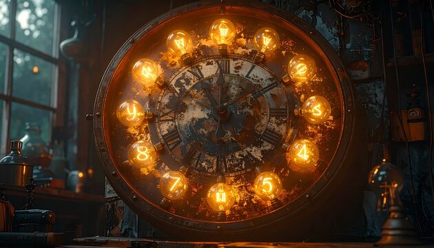Mysterious Ornate Clockwork Device with Glowing Bulbs.