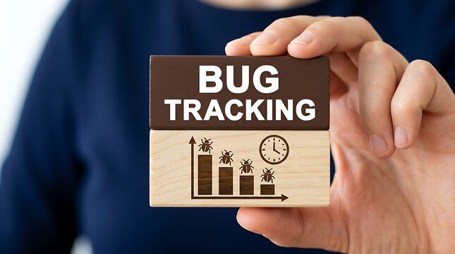 Hand holding wooden blocks with bug tracking text and bug chart software development and quality assurance concept