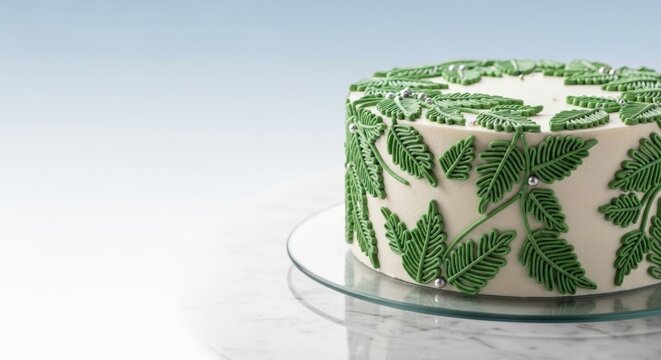 Elegant white cake decorated with intricate green leaf piping on a glass stand, showcasing artistic buttercream design for weddings, birthdays, and celebrations