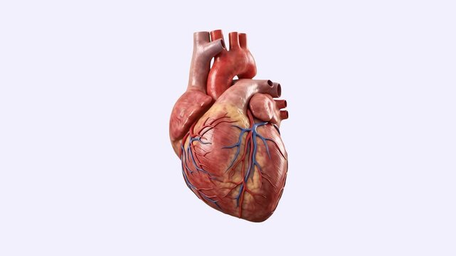 A highly detailed 3D rendering of a human heart organ showing accurate anatomical structures including the aorta, ventricles, and coronary blood vessels. Set against a clean, plain white background fo