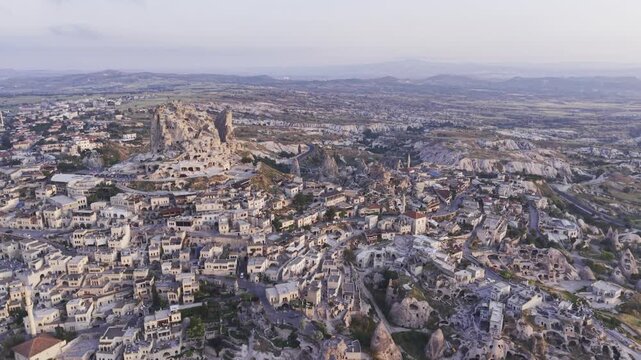 Drone Footage of Uchisar Castle and Goreme View in Cappadocia Nevsehir Turkey with Fairy Chimneys and Scenic Valleys