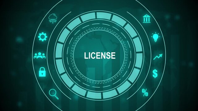 Digital concept of license with icons for business growth security and communication on a world map background, 4k quality animation video