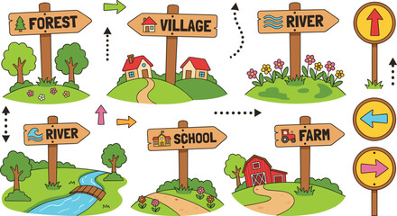 Cute rural community wayfinding signpost vector element bundle with wooden signs directing to school village farm and forest © Kulsum