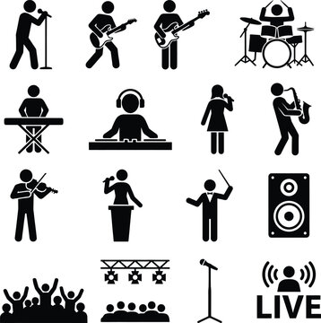 Live Music Performance Silhouette Icon Set for Concert and Entertainment Design Projects