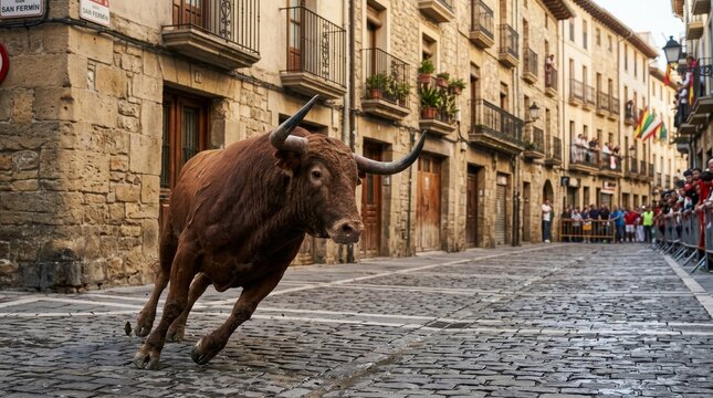 A fierce bull running through the narrow cobblestone streets during a traditional Spanish festival.