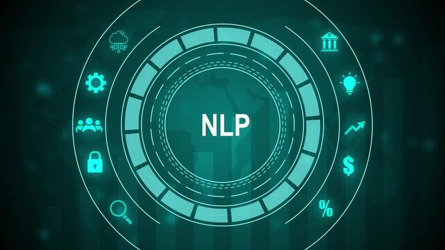 Digital concept of Natural Language Processing with icons for business and technology on a world map background, 4k quality animation video