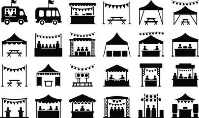 Set of black event and market stall icons featuring tents food trucks and outdoor display booths © MdTofazzal