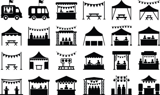 Set of black event and market stall icons featuring tents food trucks and outdoor display booths