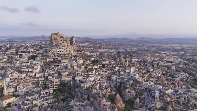 Drone Footage of Uchisar Castle and Goreme View in Cappadocia Nevsehir Turkey with Fairy Chimneys and Scenic Valleys