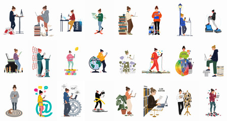 Fototapeta premium Collection of Creative and Professional Young Women Illustrations Representing Various Modern Occupations, Hobbies, and Conceptual Business Activities.