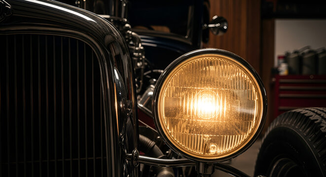Close-up Vintage Hot Rod Headlight, Chrome Grille, Classic Car Detail