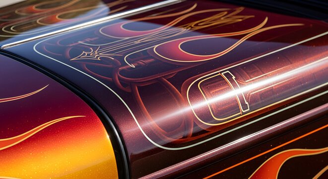 Custom car hood flames artwork, hot rod paint, detailed pinstripe design.