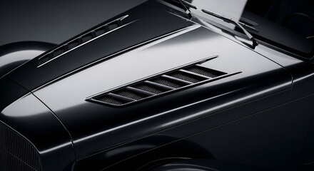 Fototapeta premium Glossy black vintage car hood close-up, elegant auto detail, luxurious classic automotive design