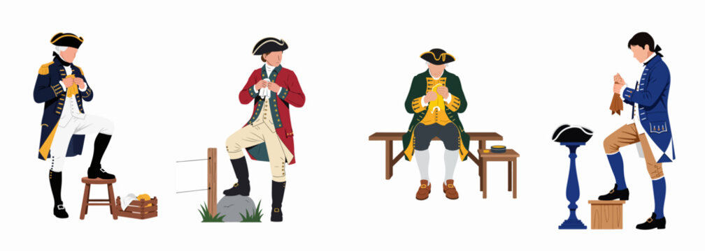 Set of four 18th-century men in colonial and military uniforms cleaning their equipment, flat vector illustration isolated on white background.