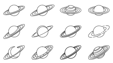 Set of Saturn planet icons, ringed celestial body vector illustrations, cosmic objects collection © Akun