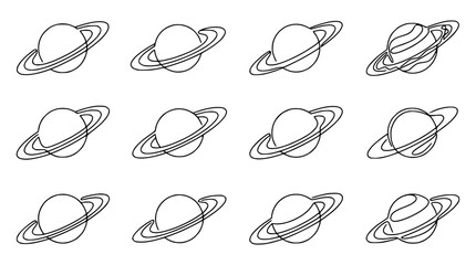 Saturn Planet Icons Set, Ringed Celestial Body Collection, Simple Outline Graphics © Akun