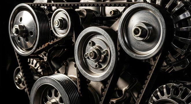 Automotive engine timing belt system close-up, mechanical engineering concept