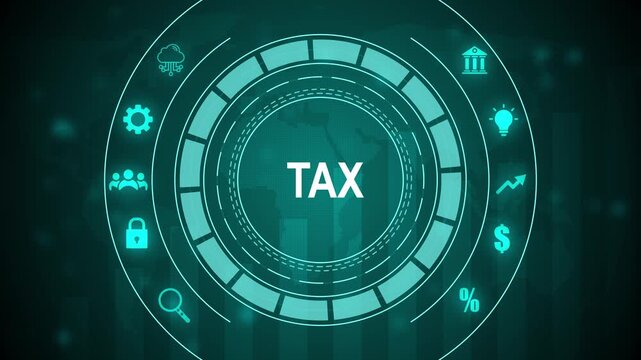 Global Taxation System Network with Icons representing Finance and Government on a Digital World Map Background, 4k quality animation video