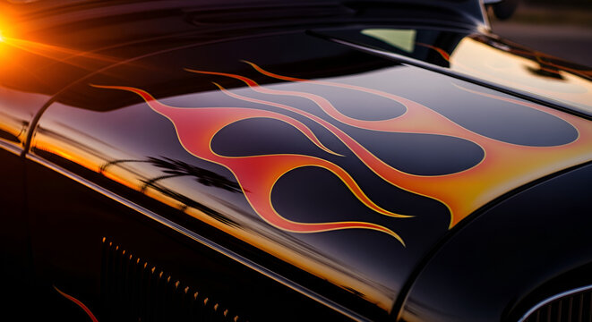Black car hood with vibrant flame graphics, sunset reflections, custom paint