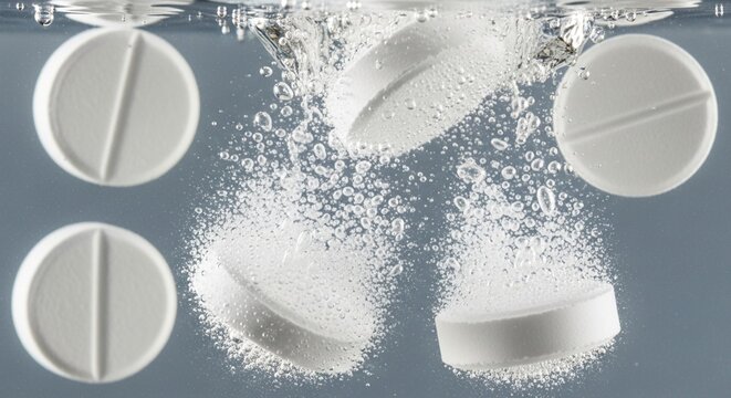 Effervescent Tablets Dropping in Water, Dissolving, Bubbles, Medicine, Healthcare