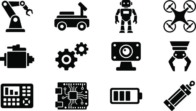 Robotics and automation technology icons mechanical arm robot vehicle drone industrial components future technology.