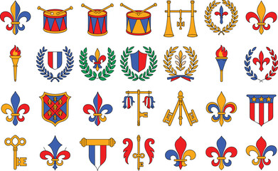 Set of french heraldry icons featuring decorative fleurs de lis shields torches keys and laurel leaves © MdTofazzal