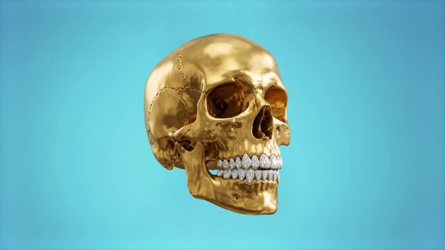 A premium 3D animated graphic of a shiny golden skull wearing iced-out diamond hip-hop grillz, viewed from a three-quarter angle. Suspended against a solid light blue backdrop, this stylized rap cultu