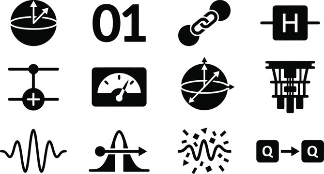 Quantum computing and physics symbols qubit entanglement superposition logical gates waveform data visualization.