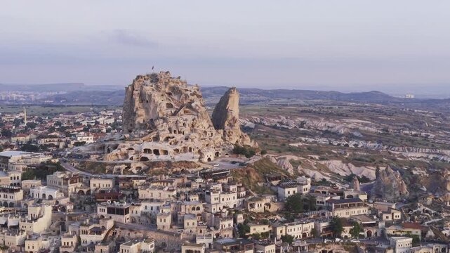 Drone Footage of Uchisar Castle and Goreme View in Cappadocia Nevsehir Turkey with Fairy Chimneys and Scenic Valleys