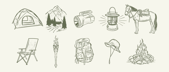 Obraz premium Outdoor adventure camping equipment collection hand-drawn vintage illustration set