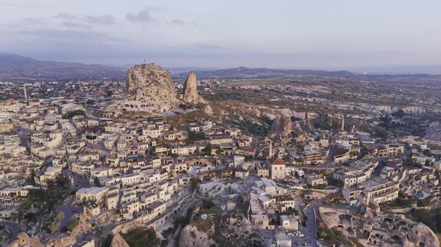 Drone Footage of Uchisar Castle and Goreme View in Cappadocia Nevsehir Turkey with Fairy Chimneys and Scenic Valleys