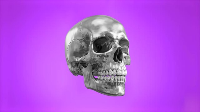 A shiny silver metallic human skull model rendered in high-reflectivity chrome, isolated on a solid vibrant purple studio backdrop. Perfect for edgy fashion promos, futuristic sci-fi visuals, hallowee