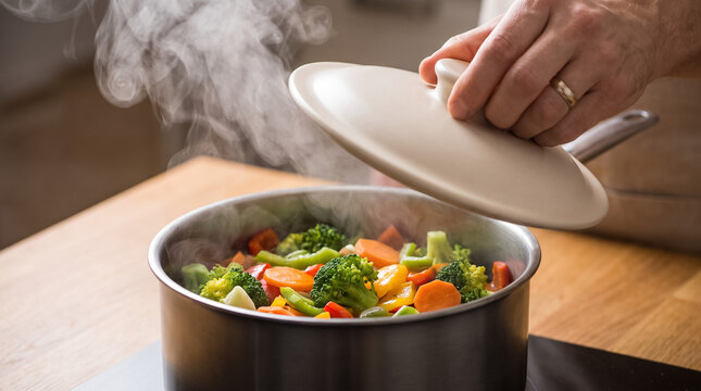 Hand lifting pot lid from steaming mixed vegetables, cooking fresh broccoli, carrots, and bell peppers