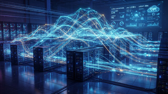 Modern cloud server infrastructure with secure digital connections and data transfer