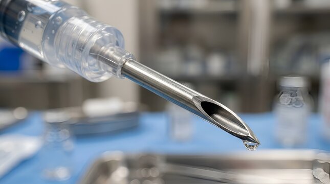 Close-up of hypodermic needle with clear fluid droplet, medical equipment background