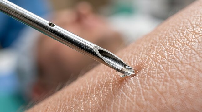 Close-up of medical needle performing biopsy on skin