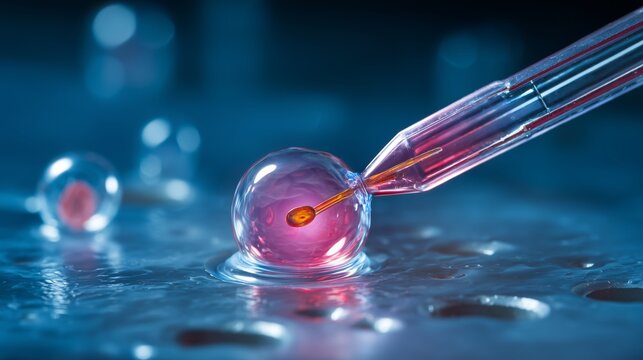 Micropipette Injecting Human Egg Cell During IVF Fertility Procedure