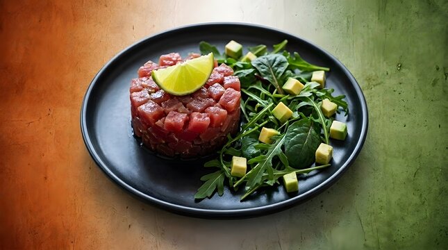 A gourmet tuna tartare dish served on a black plate with fresh arugula and cubed avocado, topped with a slice of lime