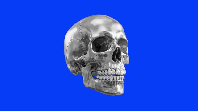A premium 3D animated graphic of a shiny chrome silver skull wearing iced-out diamond hip-hop grillz, viewed from a three-quarter angle. Suspended against a solid blue screen background, this stylized