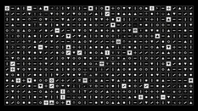 Abstract split-flap style data grid with mechanical flipping tiles and geometric symbols. High-contrast monochrome interface featuring seamless industrial-inspired motion.