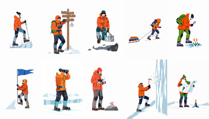 Set of flat vector illustrations featuring Arctic explorers and mountaineers engaged in various expedition activities in a snowy polar environment. © Andres